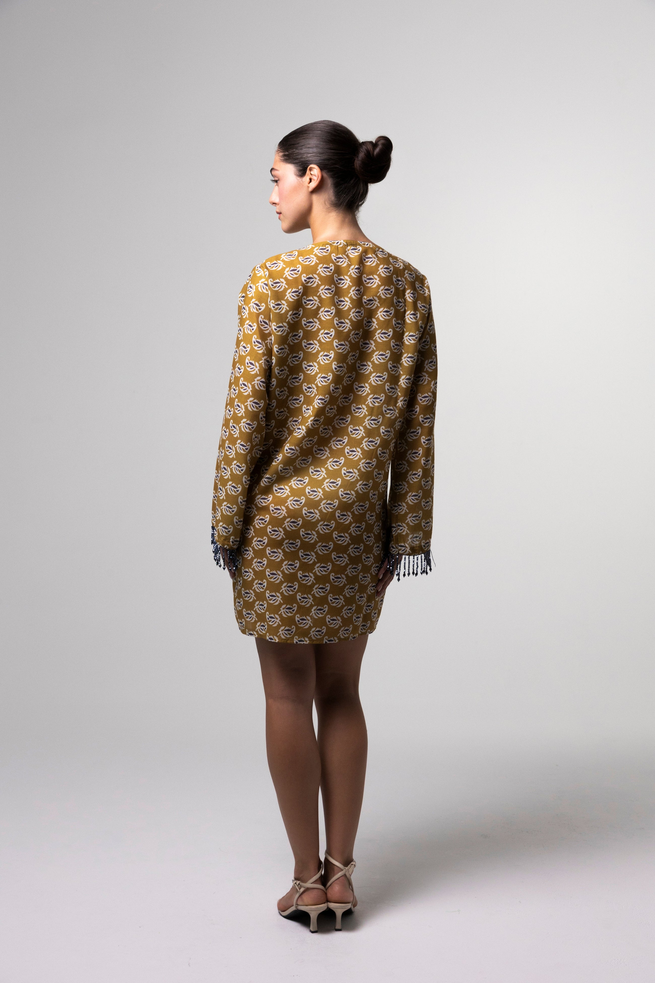 Printed Mini Kaftan in Mustard Yellow
