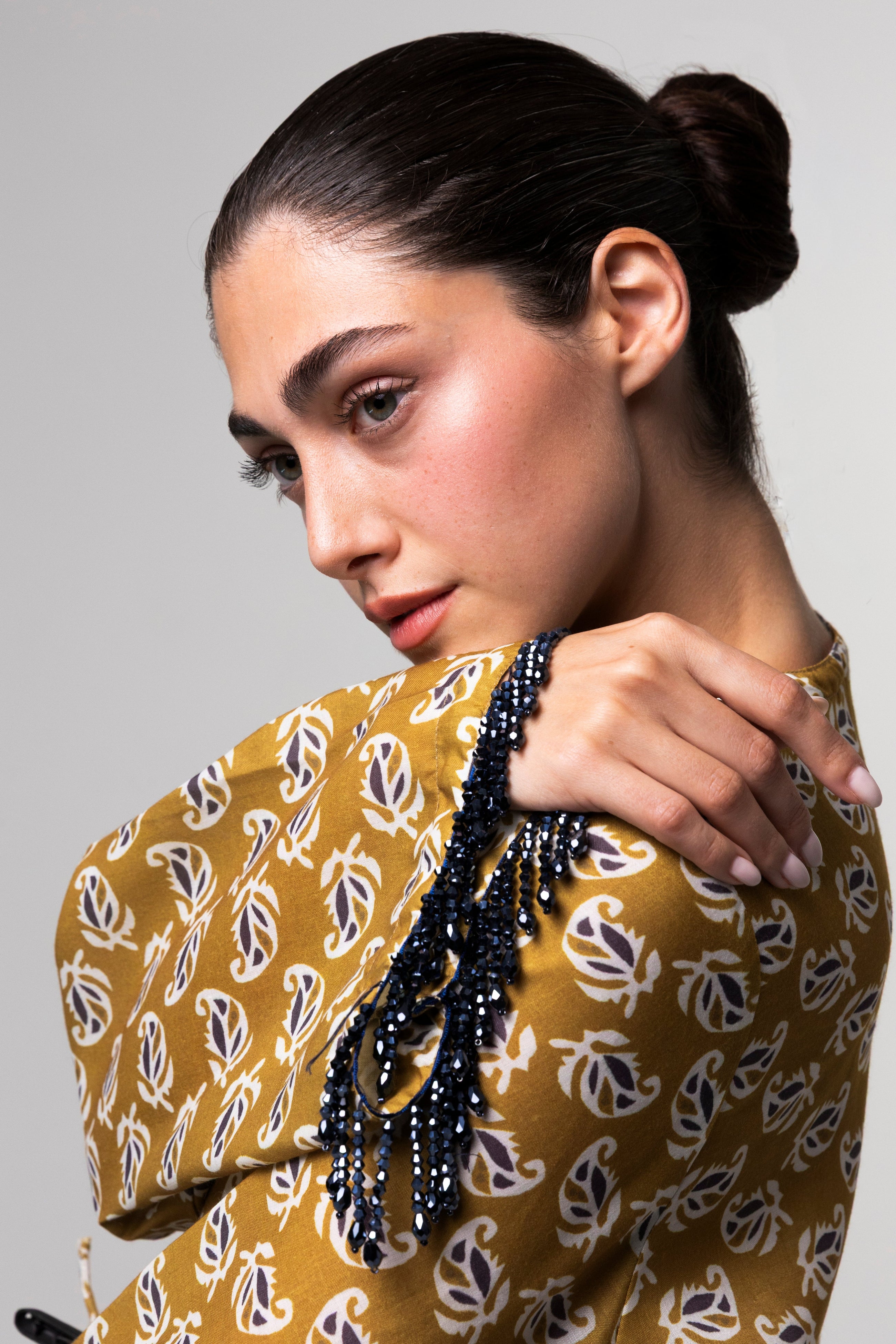 Printed Mini Kaftan in Mustard Yellow