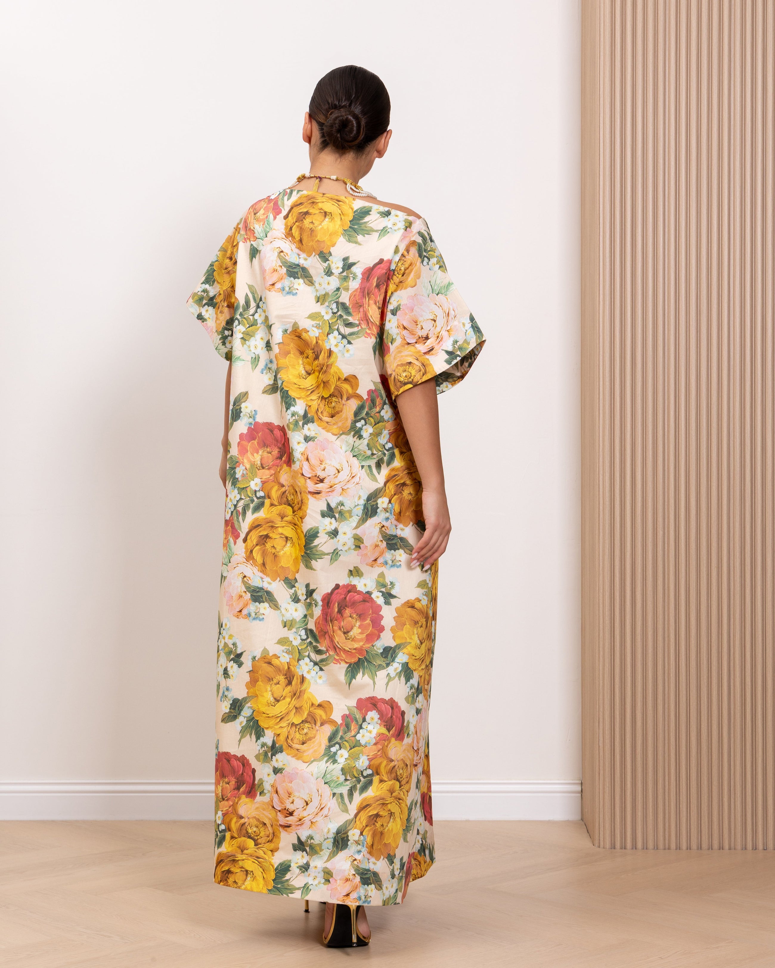 Back detail of the Vintage Bloom Kaftan by Kras the label in breathable lined cotton with relaxed flattering silhouette