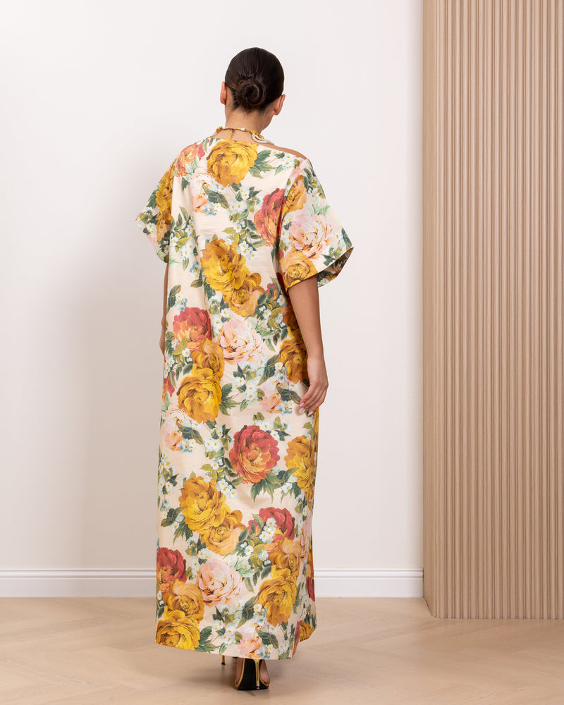 Back detail of the Vintage Bloom Kaftan by Kras the label in breathable lined cotton with relaxed flattering silhouette