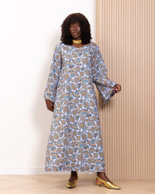 Model wearing the Azure Kaftan by Kras the Label