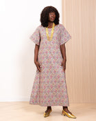 Model wearing the Mosaic kaftan by Kras the Label