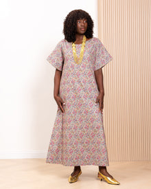 Model wearing the Mosaic kaftan by Kras the Label