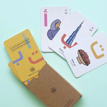 Set of UAE Arabic alphabet flashcards featuring individual Arabic letters with corresponding words and illustrations, designed for early learning and language recognition, displayed in a clean, educational layout suitable for children.