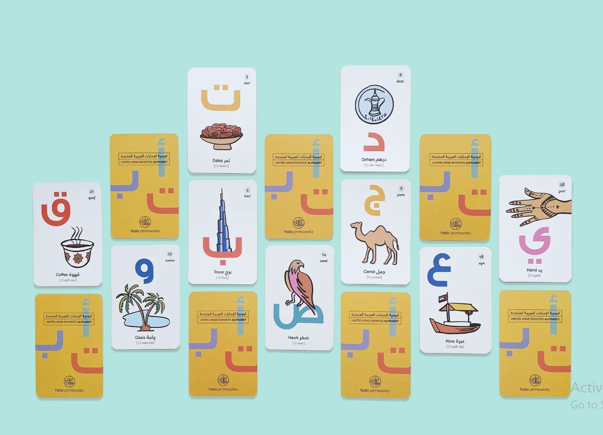 Set of UAE Arabic alphabet flashcards featuring individual Arabic letters with corresponding words and illustrations, designed for early learning and language recognition, displayed in a clean, educational layout suitable for children.