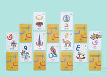Set of UAE Arabic alphabet flashcards featuring individual Arabic letters with corresponding words and illustrations, designed for early learning and language recognition, displayed in a clean, educational layout suitable for children.