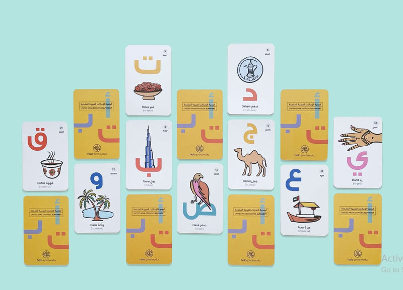 Set of UAE Arabic alphabet flashcards featuring individual Arabic letters with corresponding words and illustrations, designed for early learning and language recognition, displayed in a clean, educational layout suitable for children.