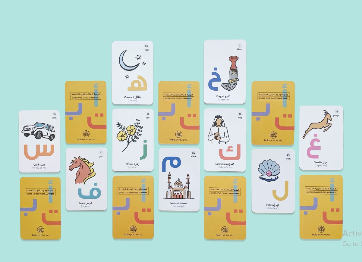 Set of UAE Arabic alphabet flashcards featuring individual Arabic letters with corresponding words and illustrations, designed for early learning and language recognition, displayed in a clean, educational layout suitable for children.