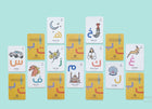 Set of UAE Arabic alphabet flashcards featuring individual Arabic letters with corresponding words and illustrations, designed for early learning and language recognition, displayed in a clean, educational layout suitable for children.