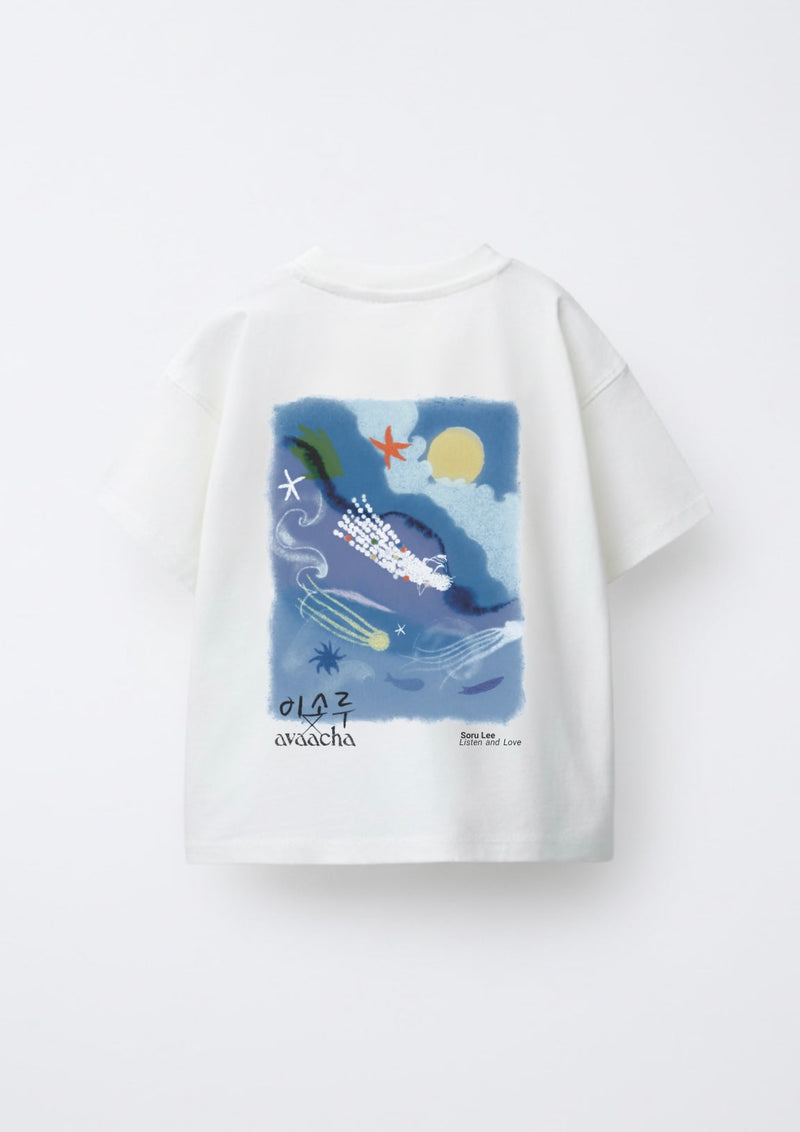 Back view of Listen & Love kids' cotton t-shirt with ocean illustration by Soru Lee, Avaacha