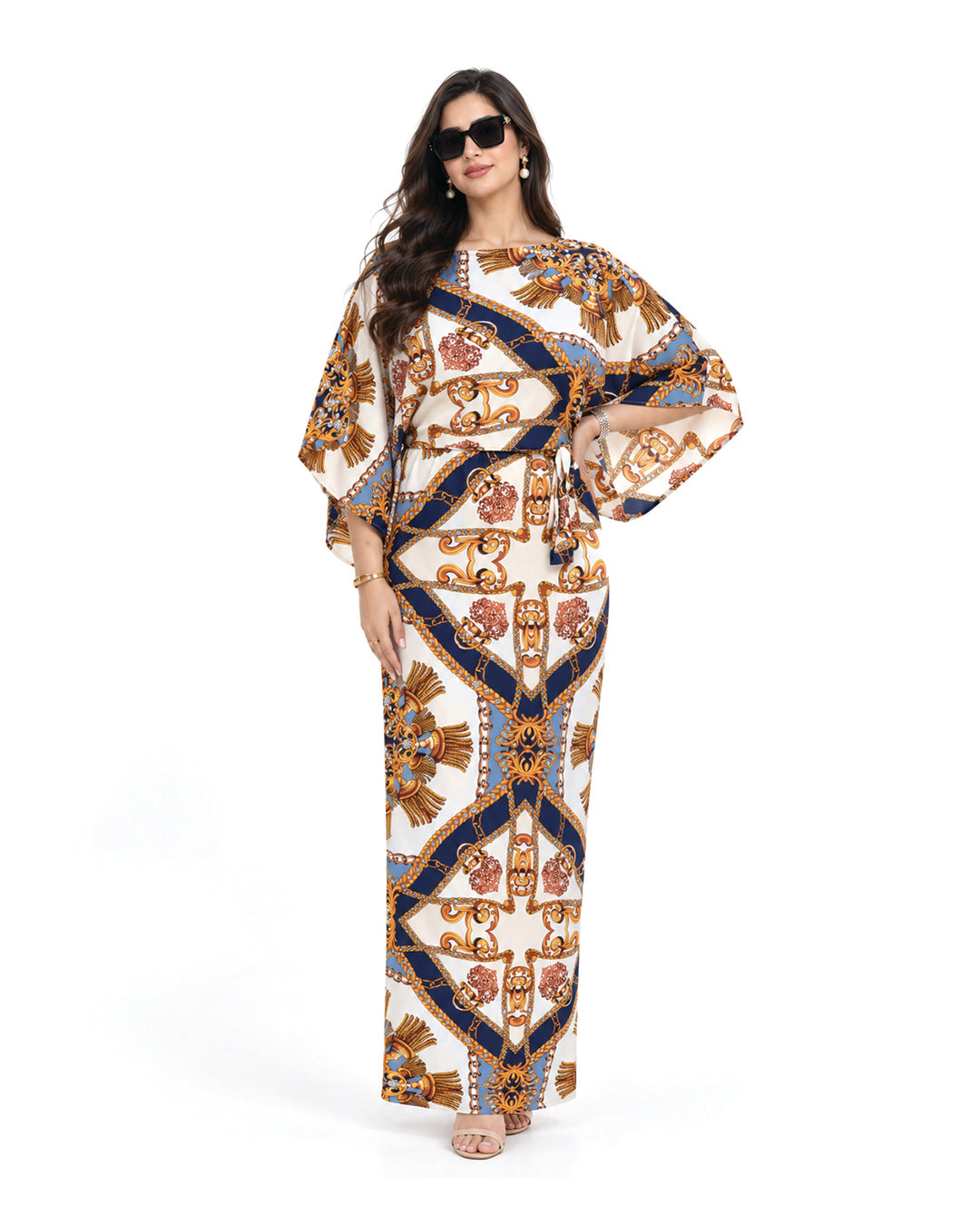 Rivelle Navy and Gold Printed Satin Dress