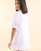 Back view of the Alma Gardenia Set showing puff sleeves with eyelet lace and ruffled hem, Love Letters x sleepwear