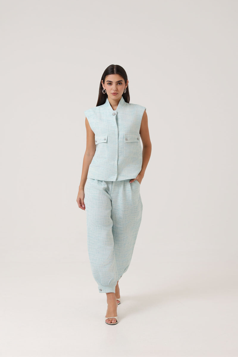 Model wearing the Portofino Mare Gilet by Rèmy Suits