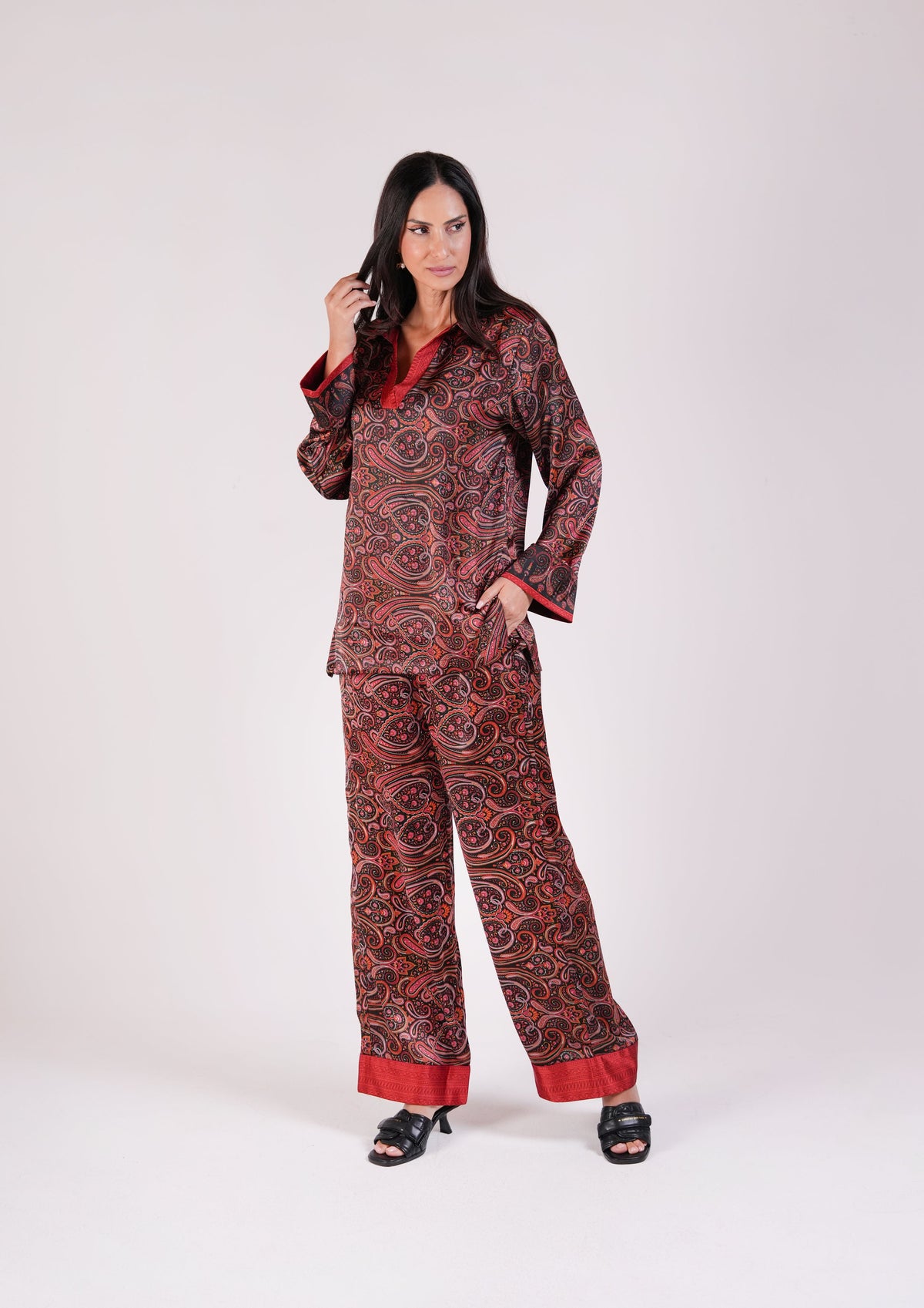 Full-length view of the Soleia Rouge silk set with wide-leg trousers