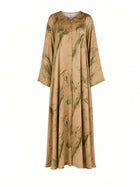 Ghost mannequin view of the Mirelle Silk Dress in olive and gold by Veluna Atelier