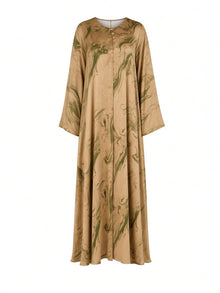 Ghost mannequin view of the Mirelle Silk Dress in olive and gold by Veluna Atelier