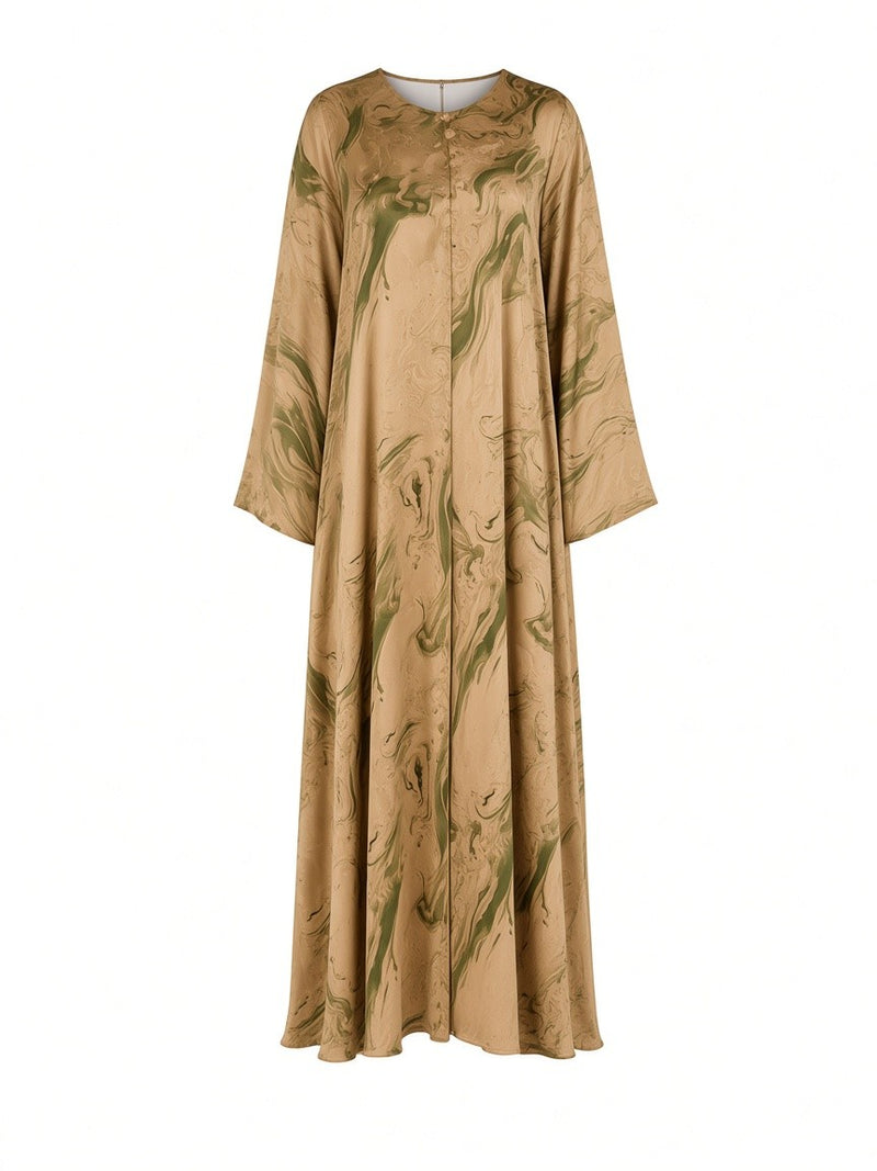 Ghost mannequin view of the Mirelle Silk Dress in olive and gold by Veluna Atelier