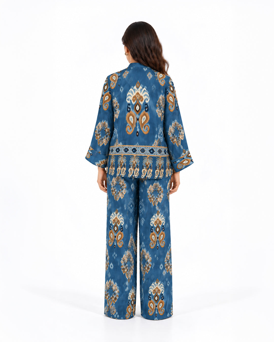 L’Artiste deep teal cotton co-ord set with bronze, cream and soft blue print