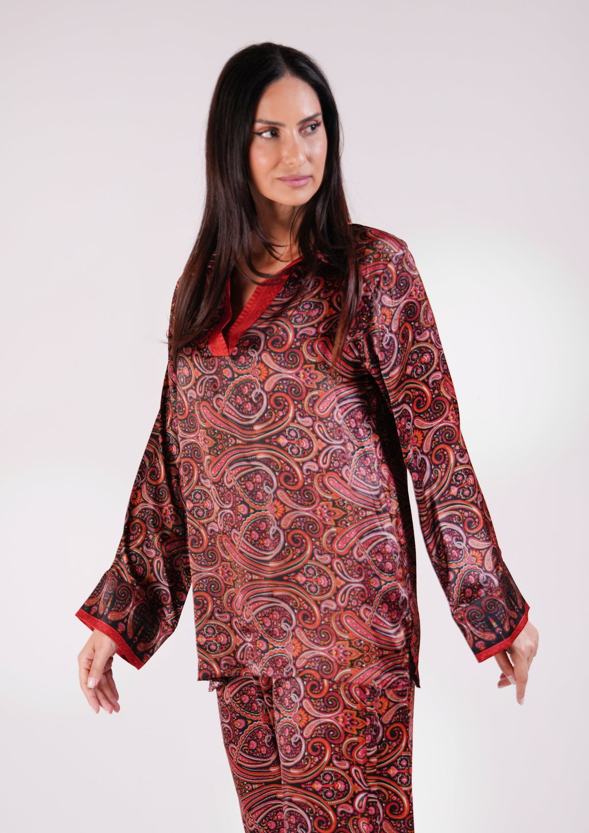 Front view of the Soleia Rouge long-sleeve silk top
