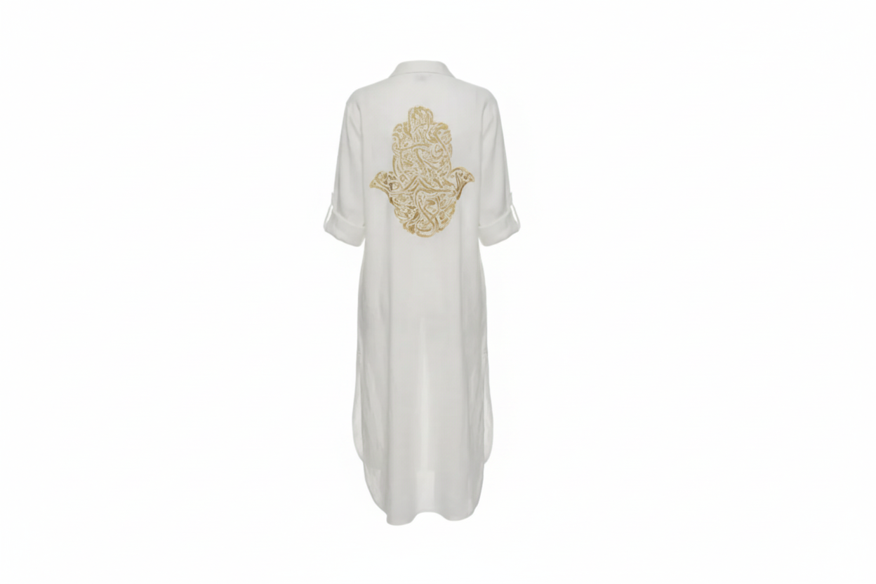 Bella White Linen Shirt Dress – Hamsa Embroidery