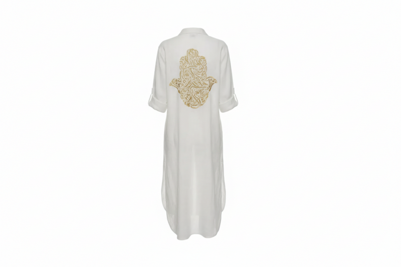 Bella White Linen Shirt Dress – Hamsa Embroidery