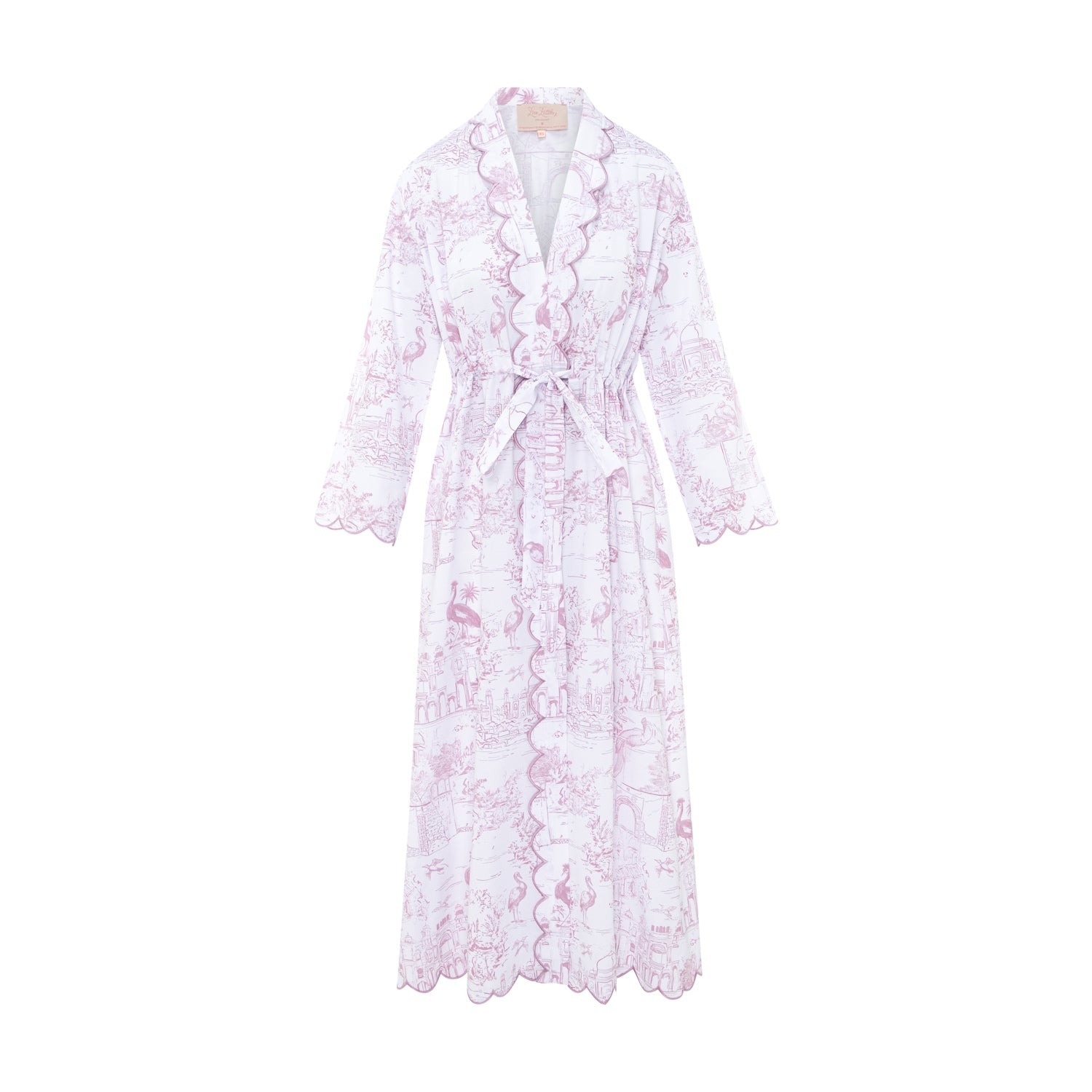 Pink Toile Long Robe in organic cotton with scalloped embroidery by Love Letters x