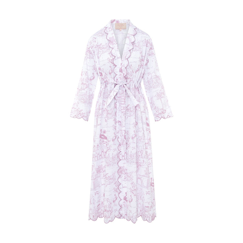 Pink Toile Long Robe in organic cotton with scalloped embroidery by Love Letters x