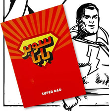 Colourful pop art "Super Dad" greeting card celebrating everyday Arabic expressions and cultural storytelling.