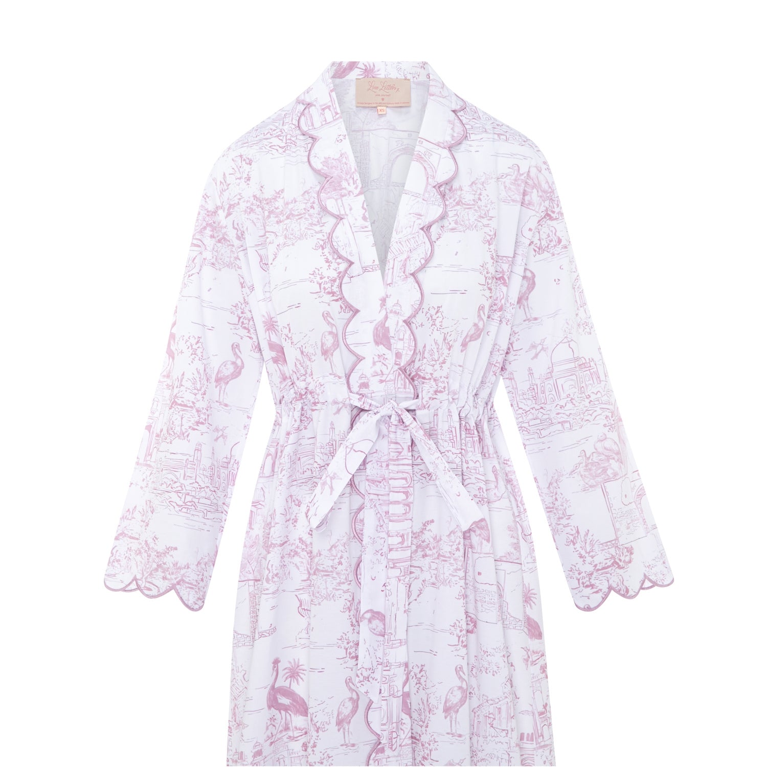 Pink Toile Long Robe in organic cotton with scalloped embroidery by Love Letters x