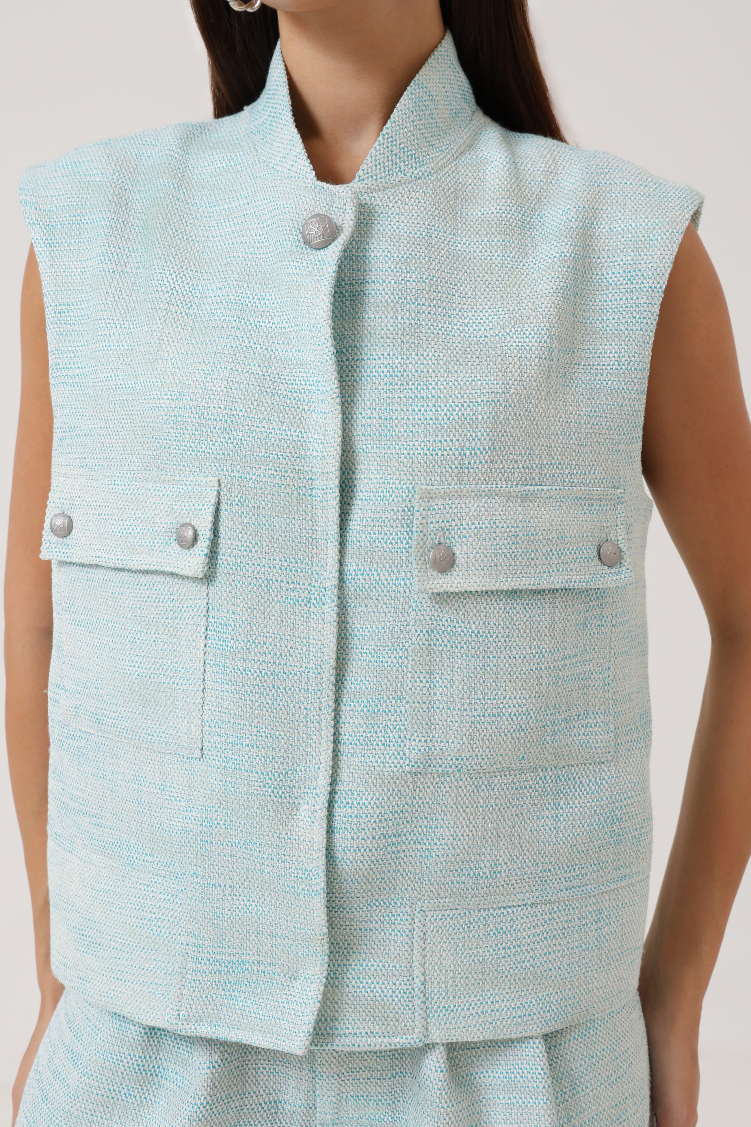 Close-up detail shot of the Portofino Mare Gilet by Rèmy Suits