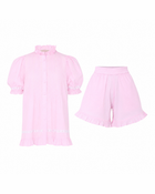 Alma Blossom Set flat lay: pink cotton pin-tuck top with frilled high collar and eyelet lace trim, with matching frilled shorts