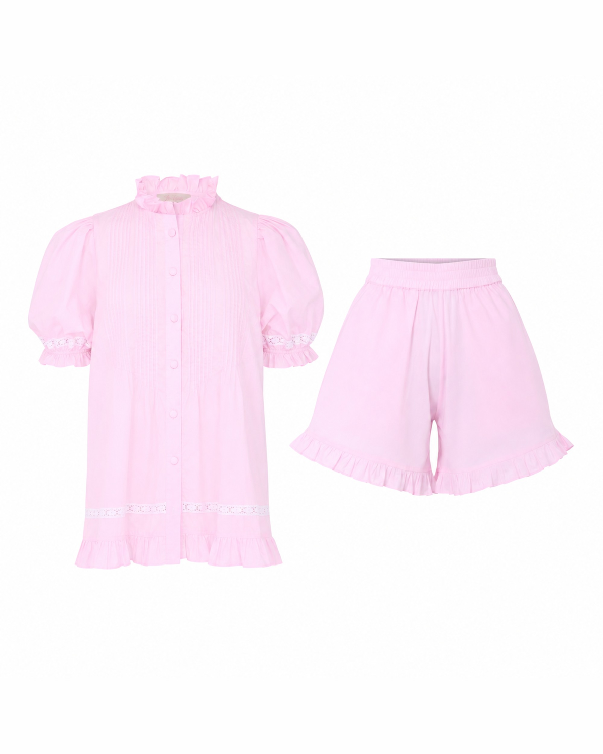 Alma Blossom Set flat lay: pink cotton pin-tuck top with frilled high collar and eyelet lace trim, with matching frilled shorts