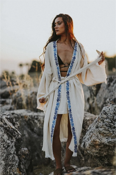 Model wearing the Caria Kimono by Zerla Studio 

