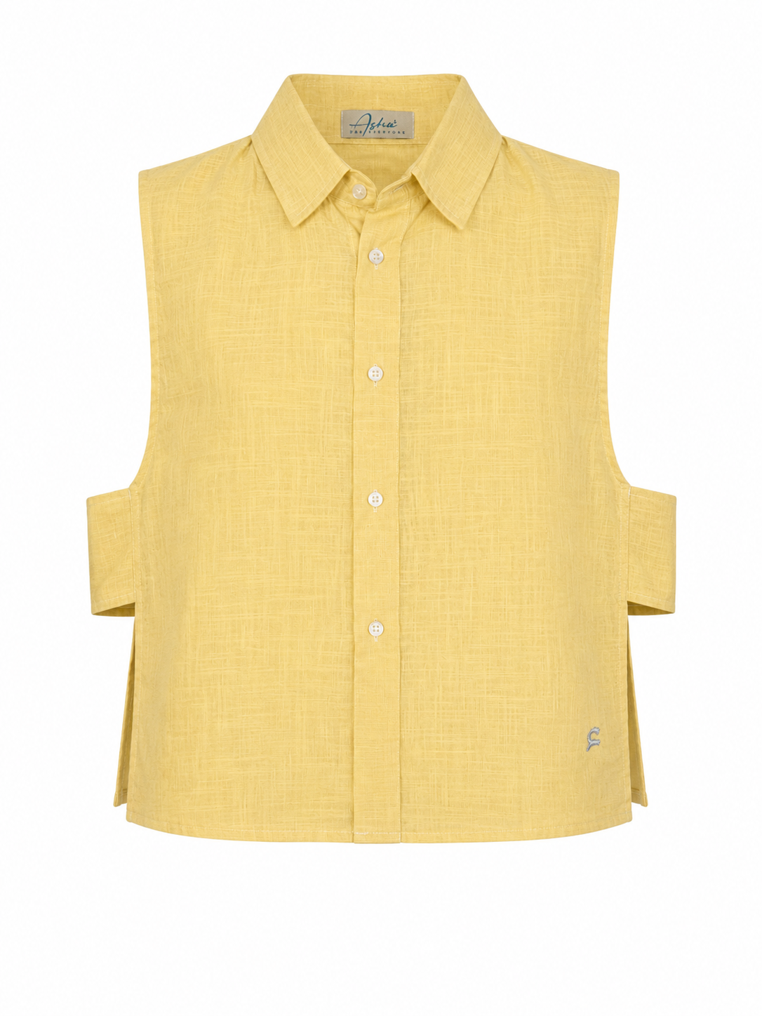 Daisy Embroidered Linen Shirt in Yellow by Ashia — front view, sleeveless linen shirt, UAE independent designer, Pose