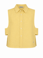 Daisy Embroidered Linen Shirt in Yellow by Ashia — front view, sleeveless linen shirt, UAE independent designer, Pose