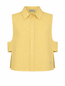 Daisy Embroidered Linen Shirt in Yellow by Ashia — front view, sleeveless linen shirt, UAE independent designer, Pose