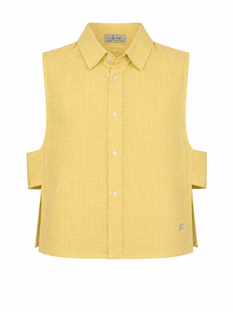 Daisy Embroidered Linen Shirt in Yellow by Ashia — front view, sleeveless linen shirt, UAE independent designer, Pose