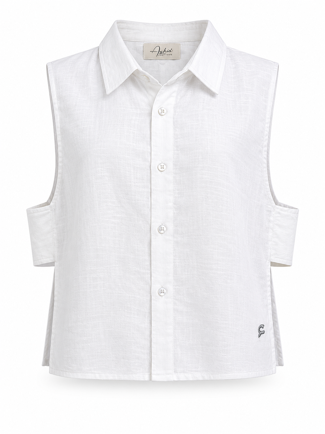 Daisy Embroidered Linen Shirt in White by Ashia — front view, sleeveless linen shirt, UAE independent designer, Pose