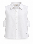 Daisy Embroidered Linen Shirt in White by Ashia — front view, sleeveless linen shirt, UAE independent designer, Pose