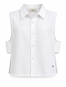 Daisy Embroidered Linen Shirt in White by Ashia — front view, sleeveless linen shirt, UAE independent designer, Pose