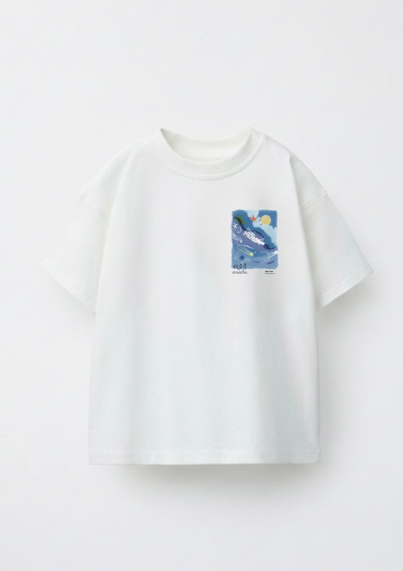 Front view of white kids' cotton t-shirt with chest illustration by Soru Lee, Avaacha