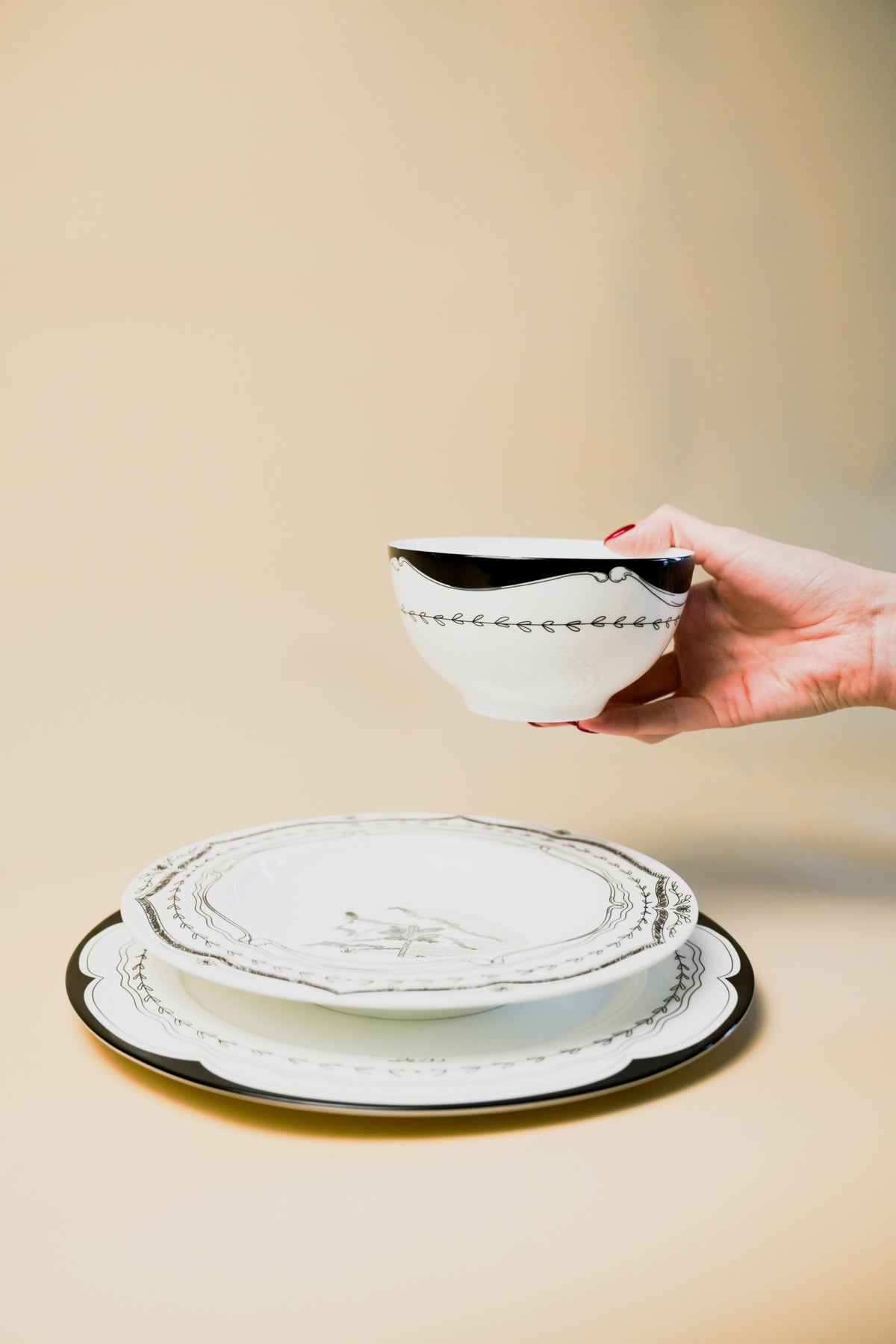 Hand holding the Palm Dinner Set by Doric Home