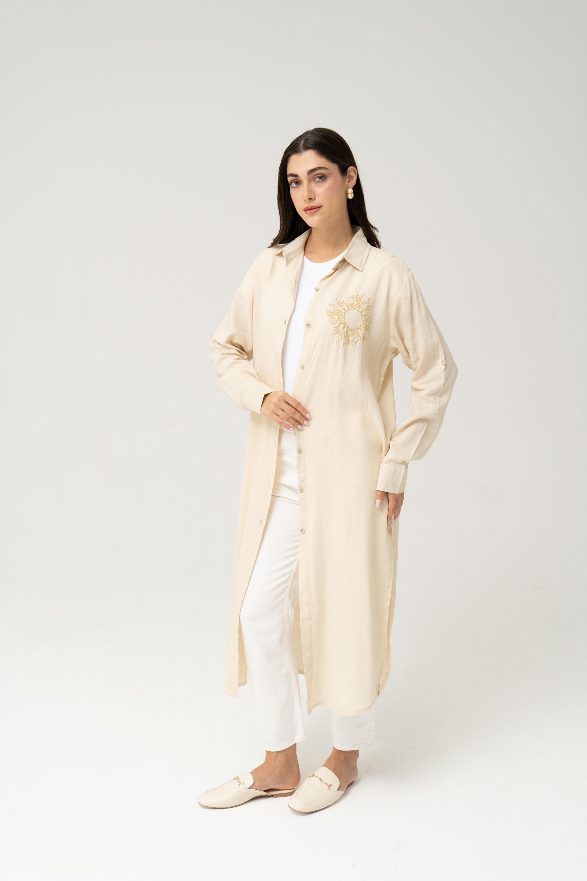 Bella Beige Linen Shirt Dress – Sun Embroidery