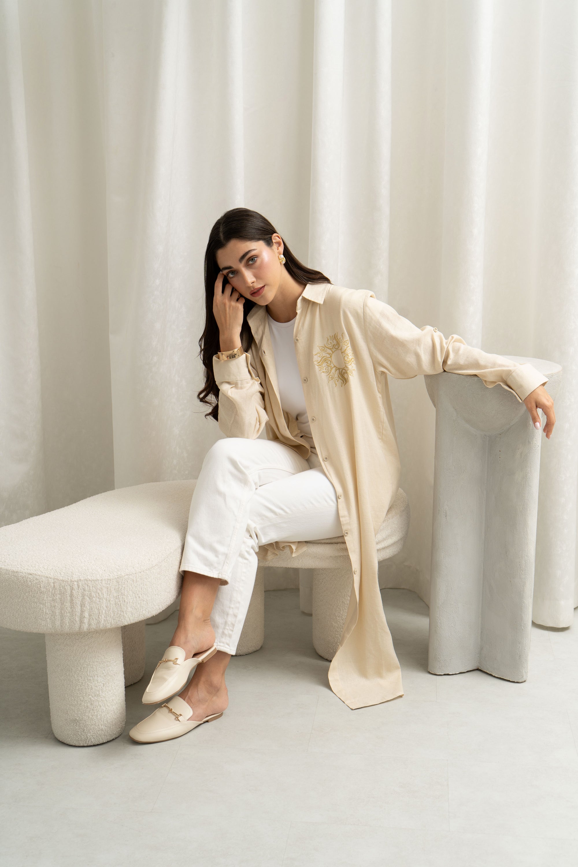 Bella Beige Linen Shirt Dress – Sun Embroidery