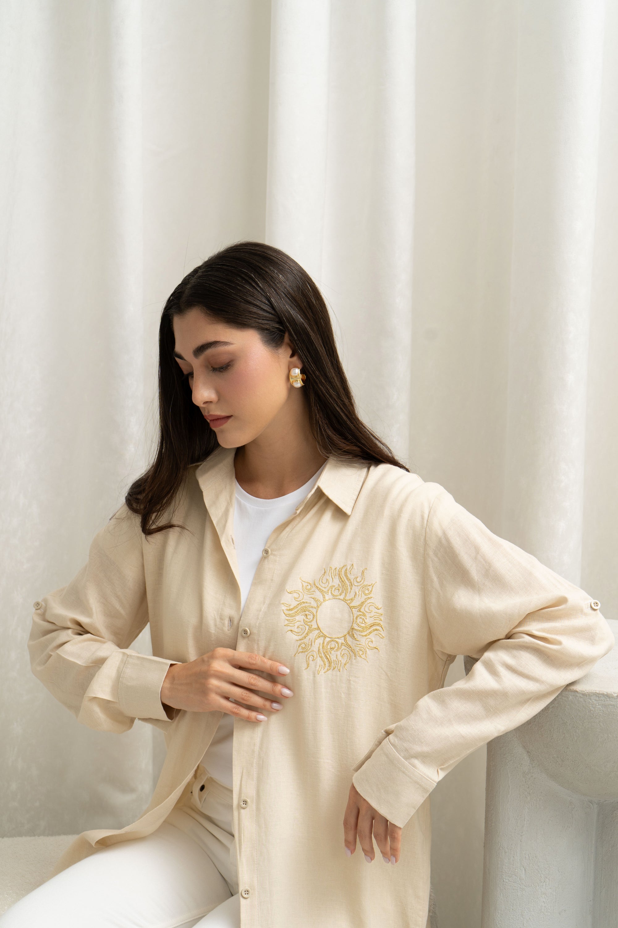 Bella Beige Linen Shirt Dress – Sun Embroidery