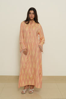 Long Printed Kaftan in Blush Peach and Yellow