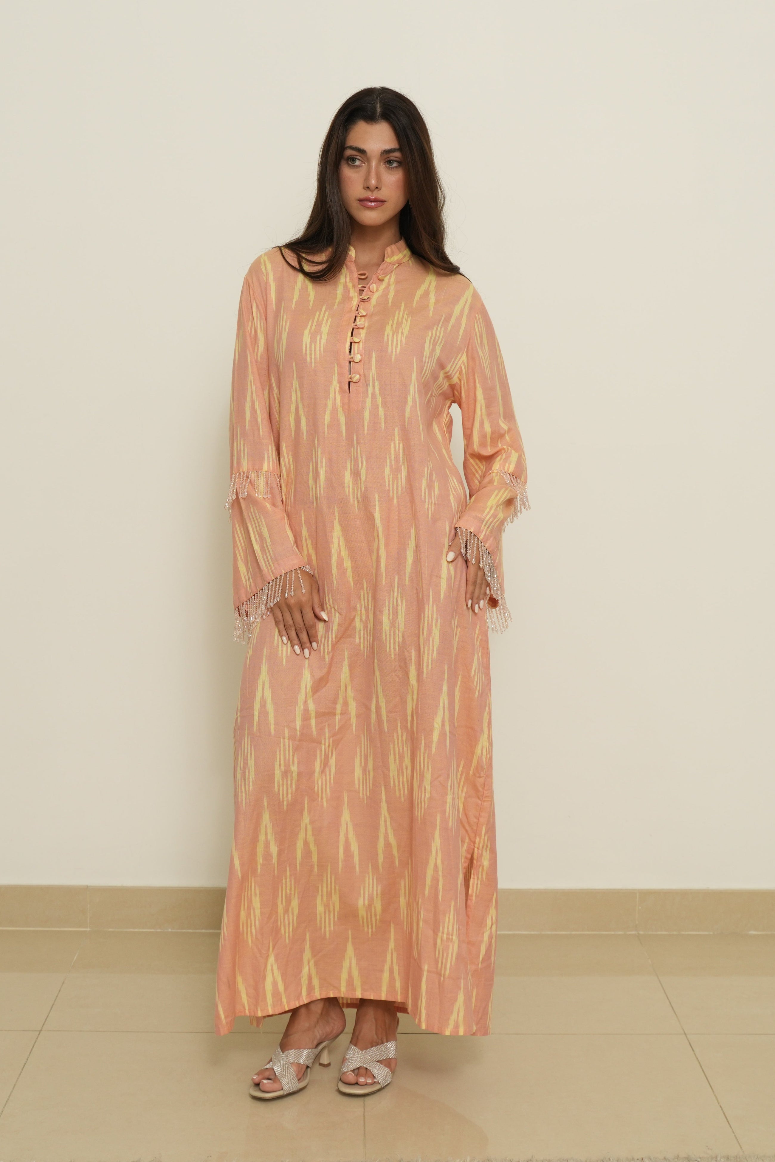 Long Printed Kaftan in Blush Peach and Yellow