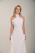 Model wearing the Hazar Azhari Halter Neck Cascading Ruffle Maxi Dress.