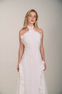 Model wearing the Hazar Azhari Halter Neck Cascading Ruffle Maxi Dress.