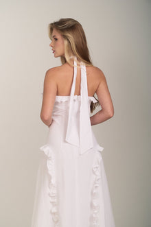 Back detail of the Halter Neck Cascading Ruffle Maxi Dress